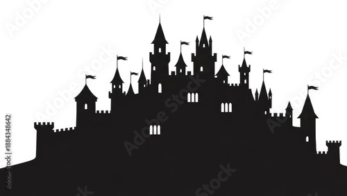 Silhouette of a castle with towers, flags, and windows against a white background