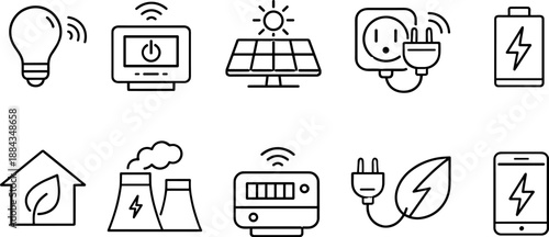 Set of black line icons representing smart home and internet of things including smart speaker, thermostat, security cameras, smart light bulb, plug, smartwatch, router, cloud, and connected house. Mi