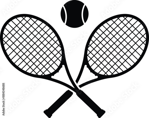 Crossed Tennis Rackets with Ball Black Silhouette Icon on White Background