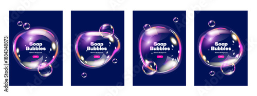 Realistic glowing soap bubbles banner set. Creative posters with 3D rainbow bubble in different shapes. Vector illustration
