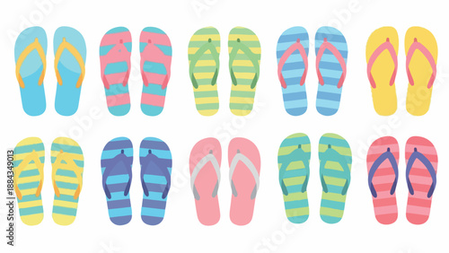 Flat lay of various colorful flip flops arranged in two rows on a white background with a playful and vibrant mood.