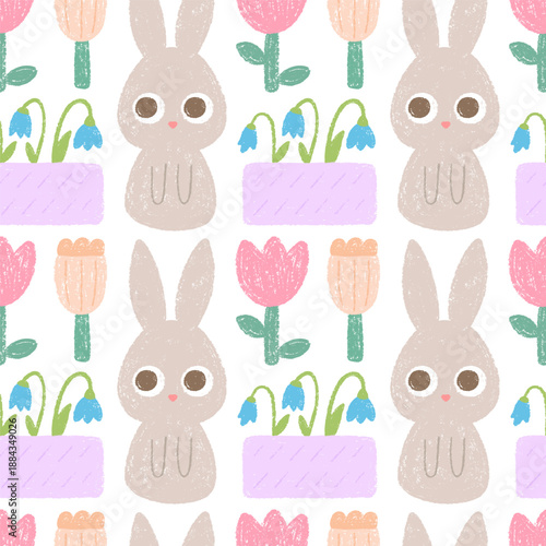 Chalk drawn seamless pattern with rabbit, snowdrops, spring flowers.