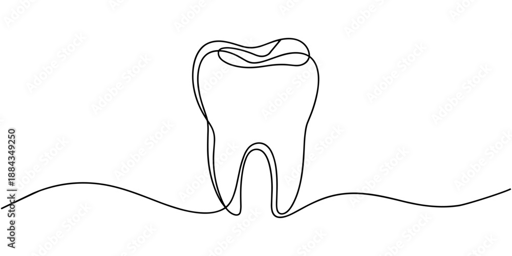 Obraz premium Single continuous abstract line drawing of tooth dental clinic and care concept, Continuous one line drawing of tooth simple dental tooth line art vector illustration