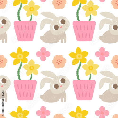 Cute chalk drawn seamless pattern with bunny, daffodils, spring flowers.