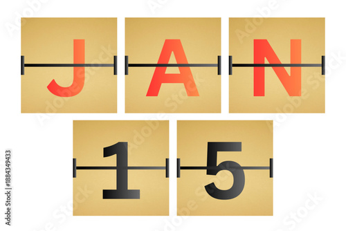 15 January calendar single day, week vector, illustration icon. Red, gray, black, golden and white color background calendar page vector for of the month January 15