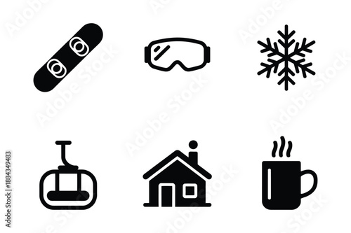 Winter Sports Icons: Snowboard, Goggles, Snowflake, Cable Car, House, Mug