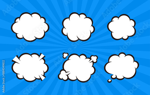 雲型吹き出しのセットと青い集中線の背景