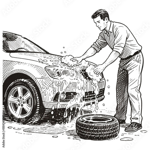 Car Wash: A man meticulously cleans a car with soap and water, showcasing dedication to detail and pride in car ownership.