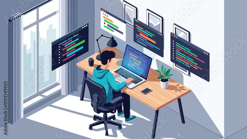 Developer Immersed in Coding at Desk with Multiple Monitors.