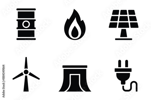 Energy Icons: Oil Barrel, Fire, Solar Panel, Wind Turbine, Dam, Plug