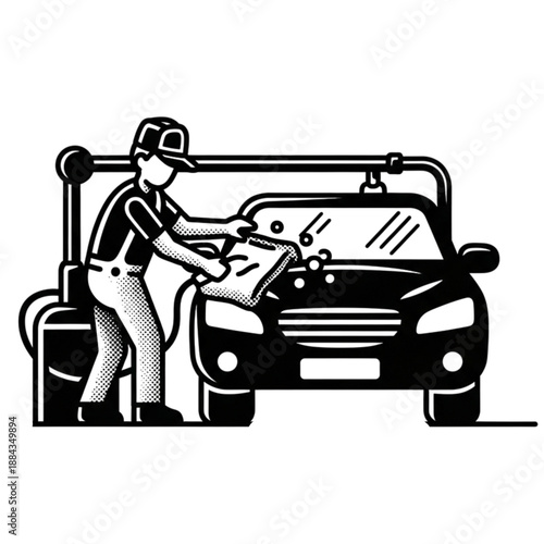 Car Wash Service: A dedicated attendant diligently cleans a sleek automobile, emphasizing the meticulous process of maintaining its immaculate shine.