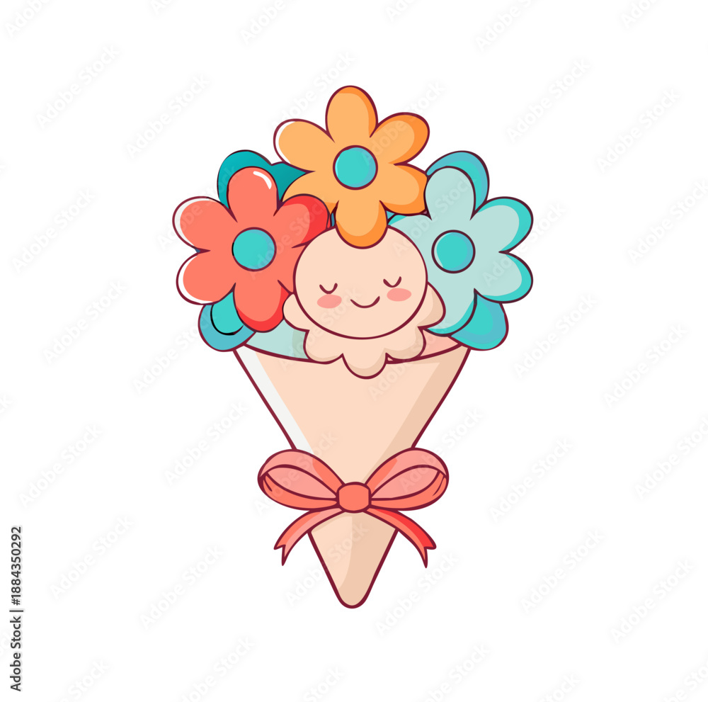 Fototapeta premium Cute character with floral bouquet in cone with colorful flowers, isolated vector image on a transparent background 