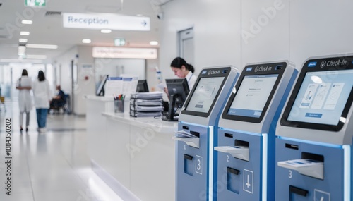 Medium shot of a hospital reception desk with vibrant digital kiosks in the foreground blurred visitors and signage in the soft background highlighting efficient checkin service.