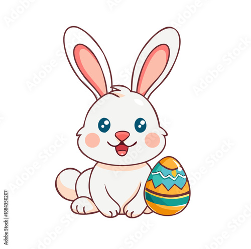 Cute rabbit sitting next to colorful Easter egg, isolated vector image on a transparent background  