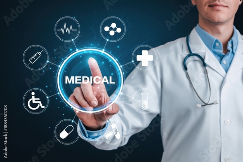 A doctor in a white coat interacting with a futuristic medical interface