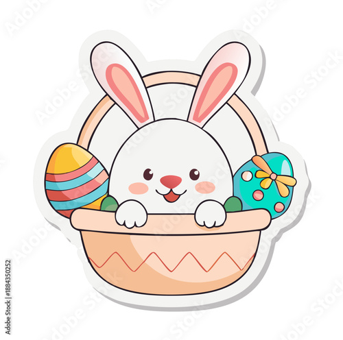 Cute bunny smiling with colorful Easter eggs in a basket, isolated vector image on a transparent background    