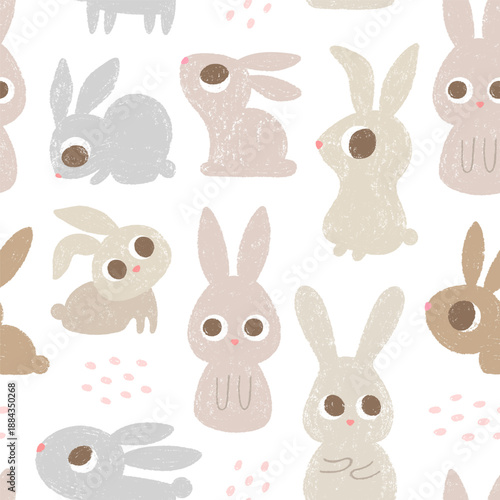 Hand drawn seamless pattern with various crayons bunnies.