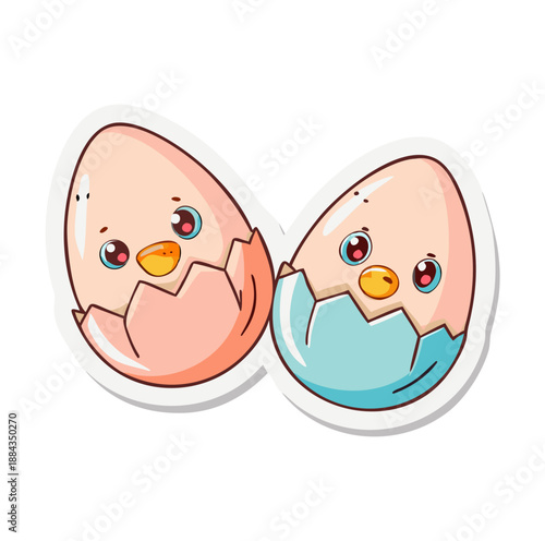 Cute chick characters emerging from pastel eggs for Easter, isolated vector image on a transparent background    