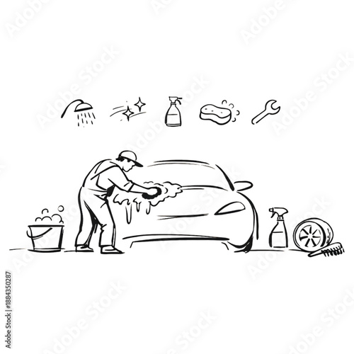 Car Wash: A drawing of a car being washed with a lot of tool around it.