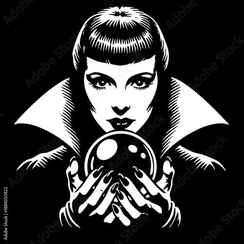 Close-up of a mystical woman gazing into a glowing crystal ball. Occult fortune telling and divination concept.