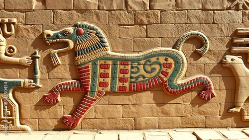Reconstructed wall with glazed bricks depicting a patterned mythical beast.