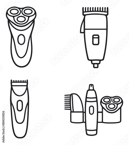 Line art electric grooming devices set featuring various shavers and trimmers for personal hygiene