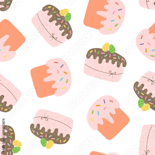 Seamless pattern with various Easter cake painted with crayon.