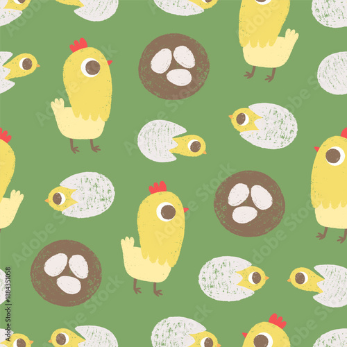Cute seamless pattern with chicks, hens on green background