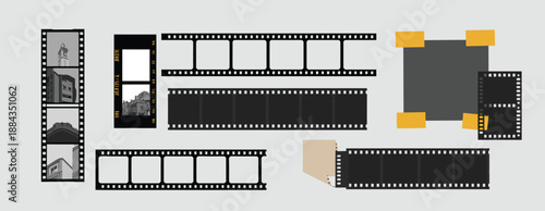 vintage filmstrip collage kit with grunge frames, duct tape elements, photo borders, movie reel details, retro aesthetic, creative design set.