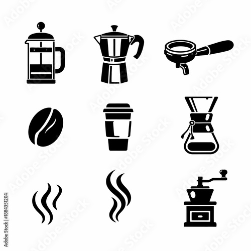 Coffee Brewing and Barista Icons

Coffee Shop and Cafe Equipment Symbols

Flat Black Espresso and Brewing Signs