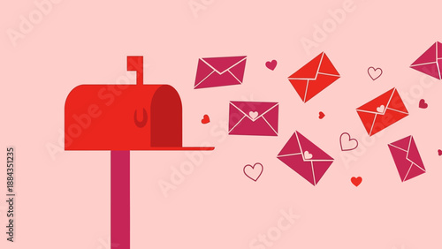 Flat vector illustration of a red mailbox with pink envelopes and heart symbols floating for romantic communication and Valentine's Day concept
