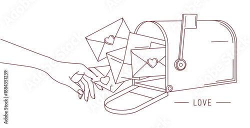 Line art of a hand reaching for love letter envelopes in an open mailbox