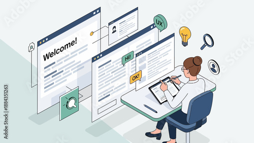 Isometric Illustration of a Woman Designing a Website Interface.