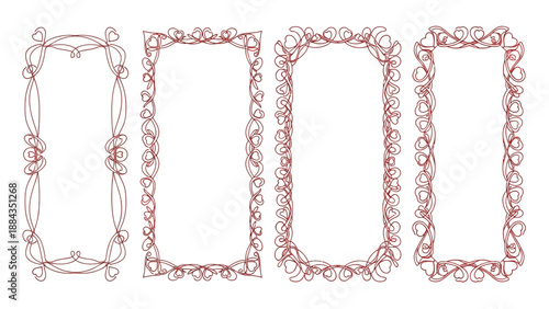 Collection of ornate red vertical frames with decorative swirling line art borders for romantic greeting card and wedding invitation designs