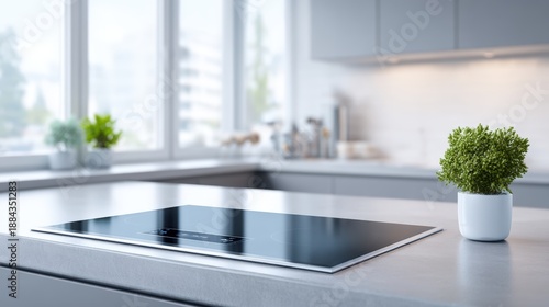 Modern kitchen interior featuring a sleek black induction cooktop on a gray countertop with a small potted plant and large windows allowing natural light