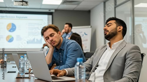 Bored Business Professionals in Meeting Room with Charts and Presentations