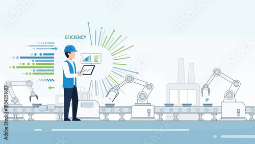 Factory Worker Monitoring Production Efficiency with Digital Tablet.