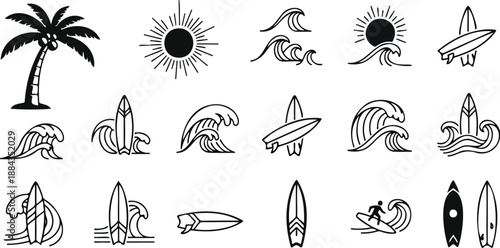 Collection of black and white vector icons depicting tropical beach and surfing elements like palm trees, sun, waves, and surfboards. 