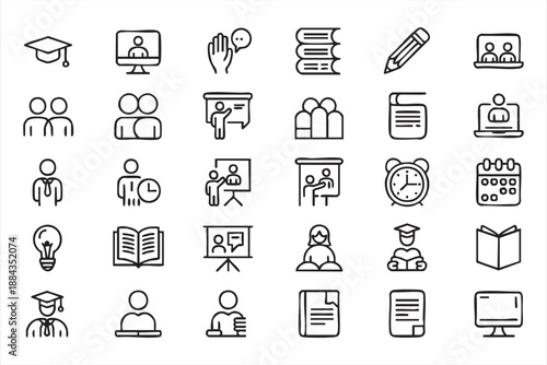 Online education line icons for e-learning dashboards, virtual classroom UI