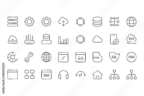 Web hosting line icons for cloud computing dashboards, IT infrastructure UI