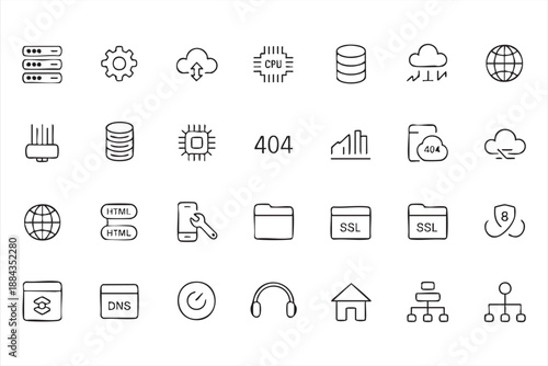 Infrastructure management line icons for uptime analytics dashboards