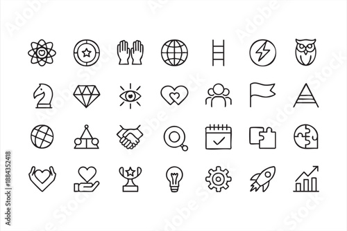 Success and achievement line icons for goal tracking dashboards, performance tools