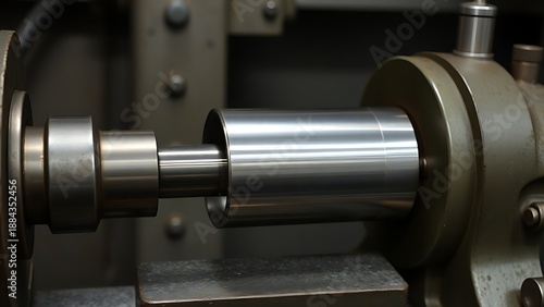 Fototapeta A conical metal lathe mandrel rotating with an unfinished tube sleeve fitted over it.
