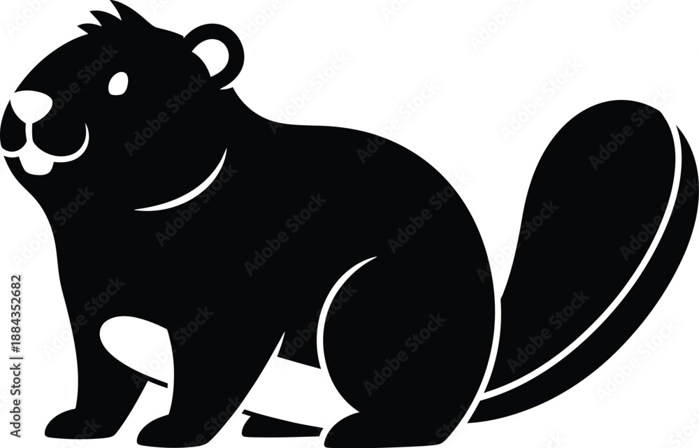 Fototapeta premium Simple black and white silhouette depicting a cute cartoon beaver sitting and looking forward with its large tail visible