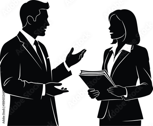 Silhouette of a professional businessman in a suit actively gesturing while engaging in discussion with a businesswoman holding documents.
