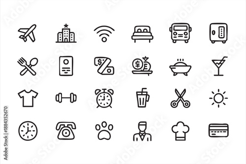 Hospitality Amenities Outline Icons for Mobile Apps, Resort Landing Pages, Property Management