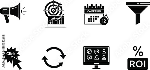 Collection of black and white marketing icons representing promotion data tracking conversion and return on investment