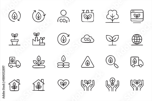 Carbon Footprint Outline Icons for Climate Apps, Renewable Energy Interfaces