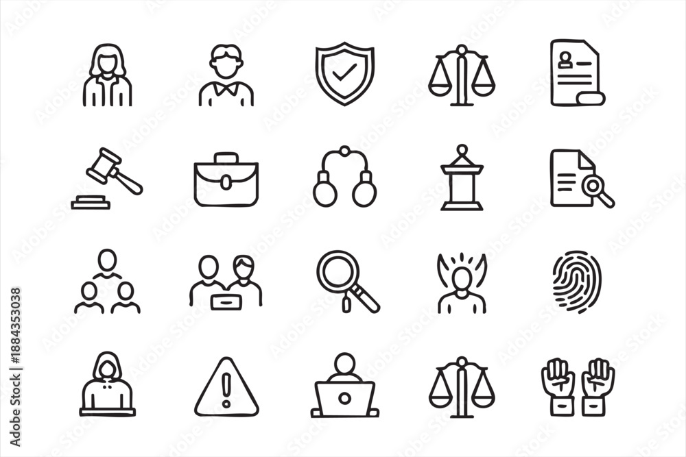 Fototapeta premium Court Procedure Icons for Litigation Apps, Legal Document Management Systems