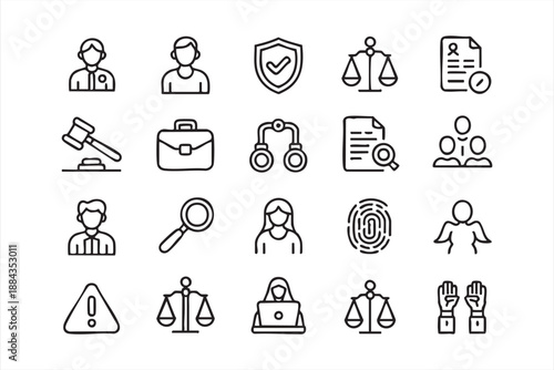 Law Services Outline Icons for Compliance Software, Corporate Policy Platforms